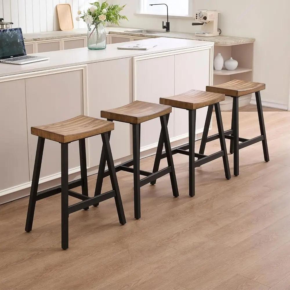 Set of 4 Antique Brown Counter Height Bar Stools with Metal Legs for Kitchen Island or Pub