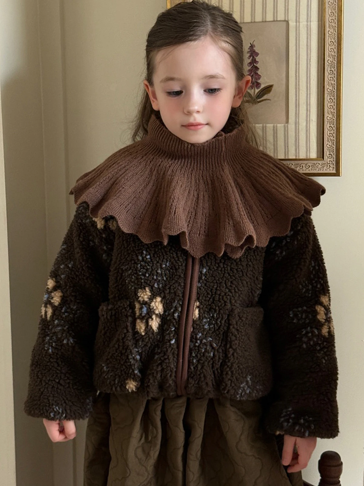 Women's Floral Print Fleece Coat – Korean Vintage Hooded Warm Winter Overcoat, Brown Faux Shearling Jacket