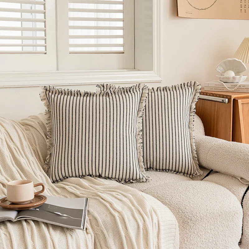 Ins Wind Striped Tassel Pillowcase Scandinavian Simple Release Sofa Cushion Cover Home Office Small Fresh Cushion Cover