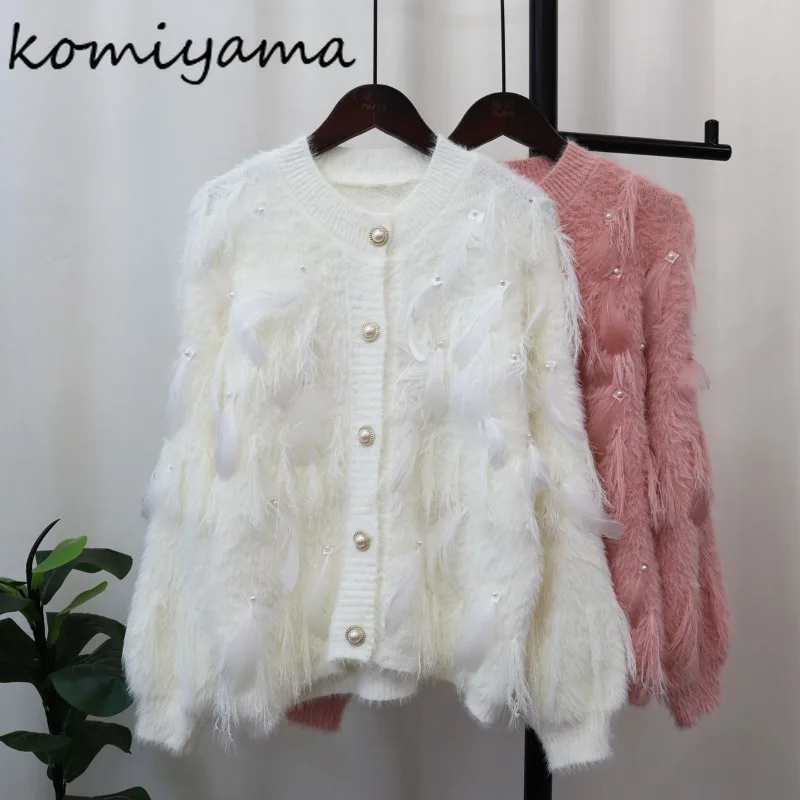 Komiyama Feathers Beading Tassel Cardigans Femme Pearl Button Sweater Fall Womens Clothing V Neck Long Sleeve Knitwears Tops