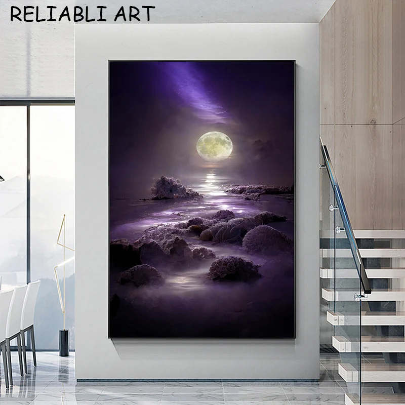 Tableau Sur Toile Moderne Nuit Lune Bateau - Décoration Murale 50x70cm Pour Salon, Chambre Ou Cuisine