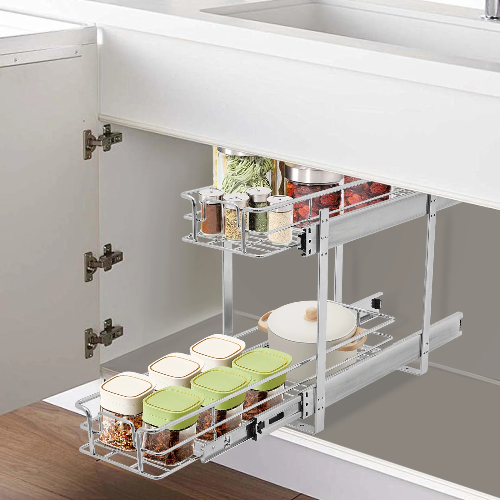 Pull Out Cabinet Organizer, 2-Tier Cabinet Pull Out Shelves, Kitchen Cabinet Organizer with Raised Guardrails, Iron, 6 Sizes