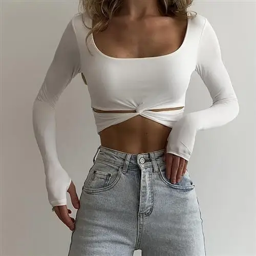 

Casual Longsved Tirt Women's Crop Top Spring 2023 round Ne ort Sve Slim Fit Pure Color Splice Long Sve Tirt