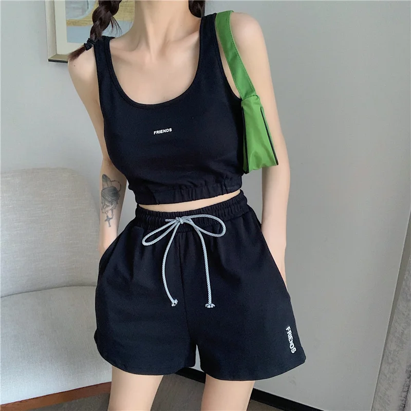 

Women's Summer New Fashion Tracksuits Soild Letter Printing Vest Top + Shorts Slimming Two Piece Set Women Sportswear Suit