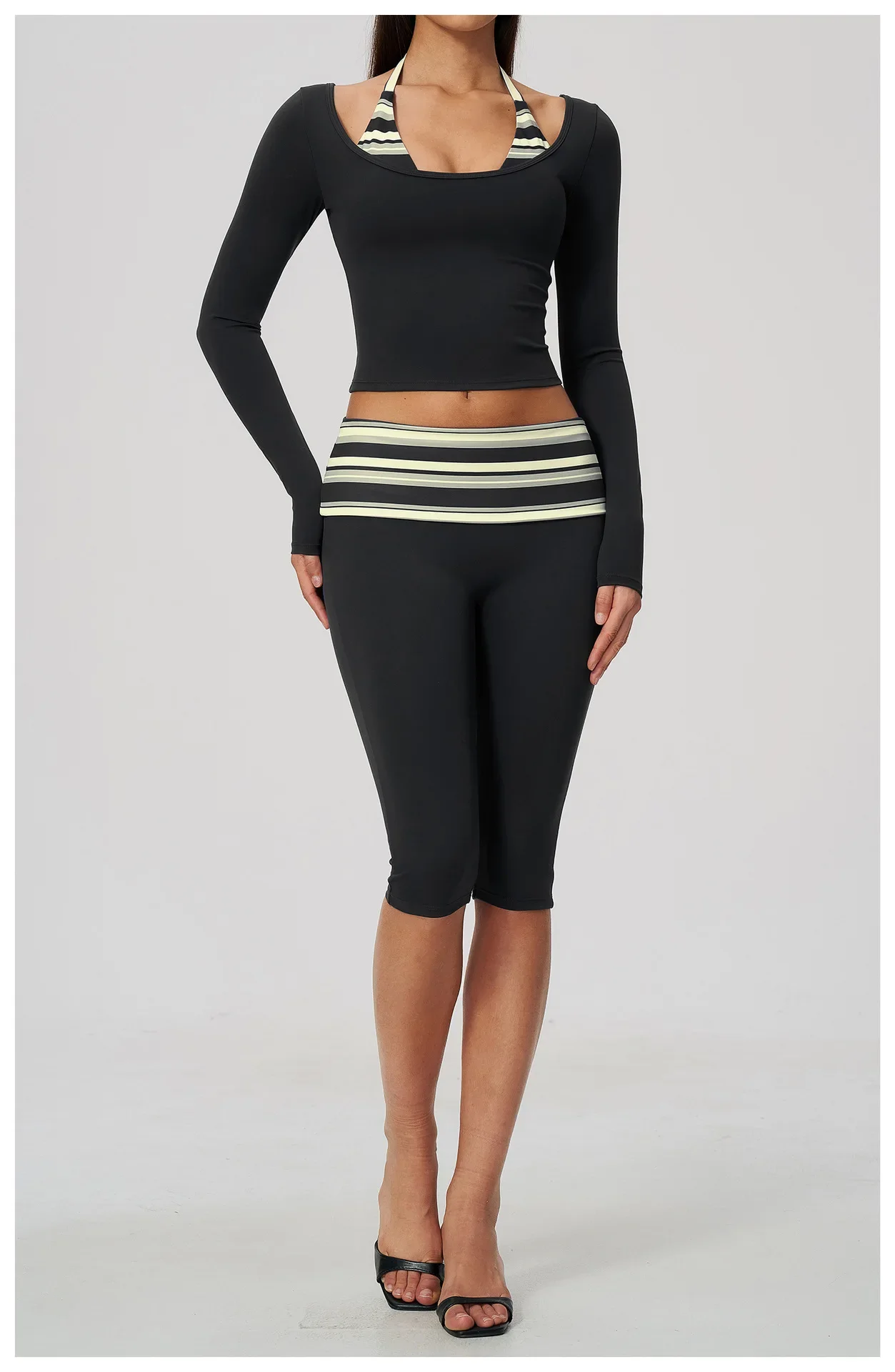 Yoga Langarm-Fitness-Top, Gym-Workout, Damen-Top mit Neckholder, Streifenmuster, kurzes, aktives Shirt, atmungsaktiv, für Sport und Training – Detail 25