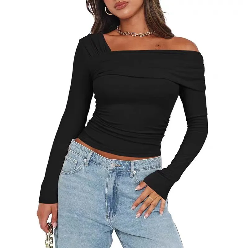 Women Basic Solid Color Slash Off Shoulder Full Sleeve Sexy Slim Top Shrunk Soft T-Shirt Casual Autumn Versatile Street Top