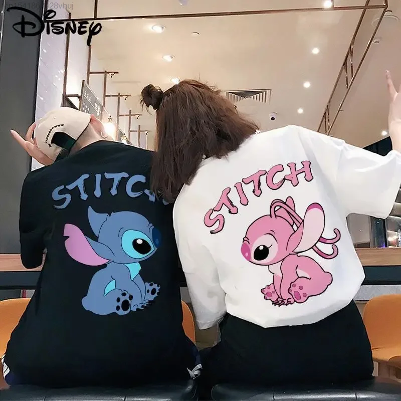 Disney Stitch Fashion Tshirt Couple Summer Short Sleeve Trend Tops 2000s Korean Stylish Black White Tees Youthful Woman Clothes