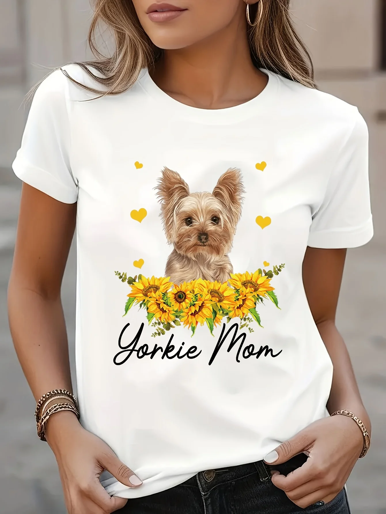 Women Casual Short Sleeve Tee with Cute Puppy Print Round Neck Semi Sheer Blouse Relaxed Fit Summer Top for Pet Lover Dog Mom