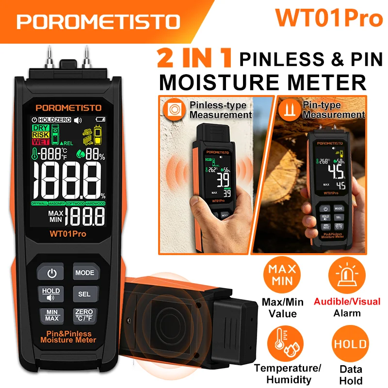 2IN1 Digital Wood Moisture Meter Pinless & Pin Moisture Meter Dual Alarm 0~99.9% TEMP/Humidity Max/Min Detect Timber Detector