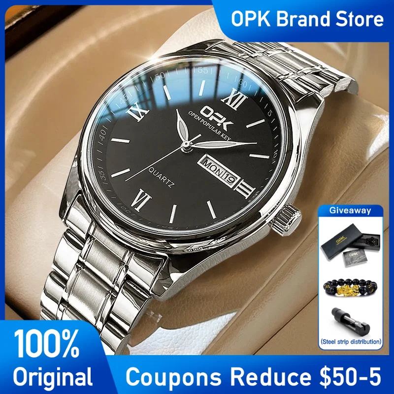 

OPK Mens Watch Luxury Stainless Stee Quartz Wristwatch Waterproof Luminous Watches For Men Dual Calendar Display Reloj Hombre