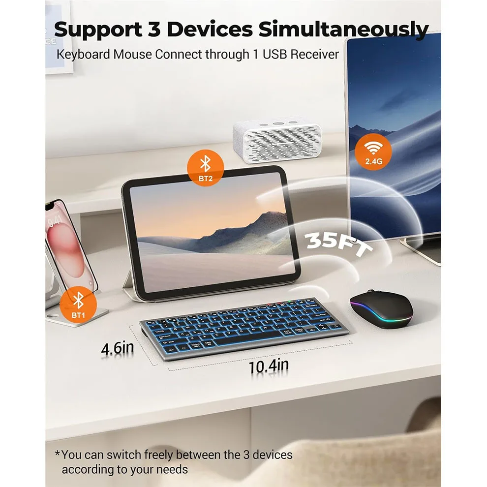 Imagem -02 - Slim Combo Teclado e Mouse sem Fio com Retroiluminado Ultra Slim Bluetooth 2.4g Multi Dispositivo