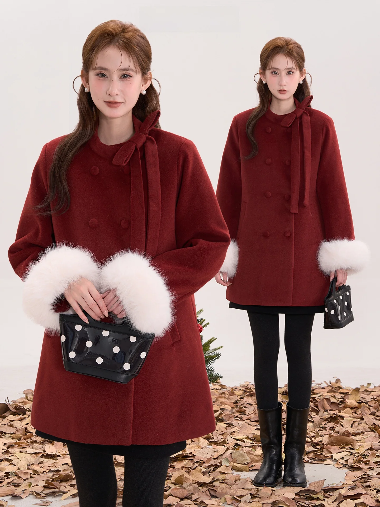 

Heme 5 Woolen Coat for Women with Double Breasted Knot Red New Year Sle Winter Faion Classical Flavour