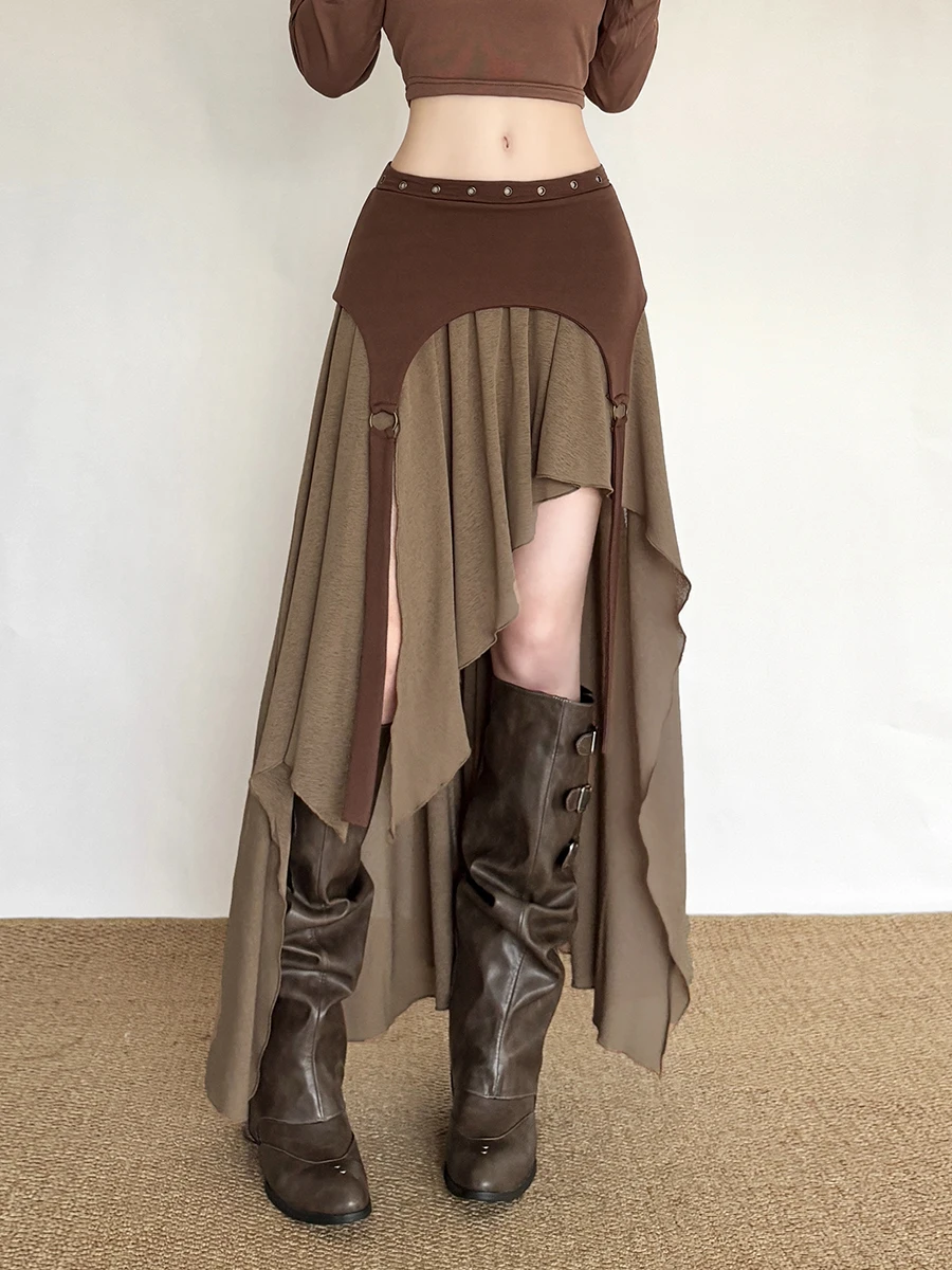 กระโปรงทรงเอวสูงสไตล์เรโทร ดีไซน์แปลกตา ทรงพลิ้วไหว กระโปรงยาวทรงเอ ไม่สมมาตร ผ้าโพลีเอสเตอร์แฟชั่น