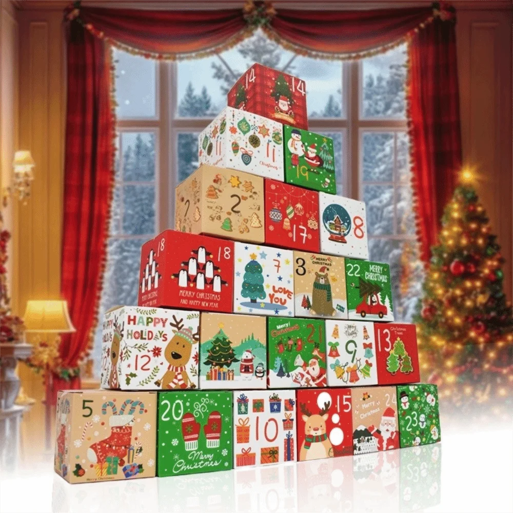 24pcs Mini Advent Calendar Boxes Vintage DIY 24-Days Countdown Paper Gift Boxes Snowmen Christmas Trees