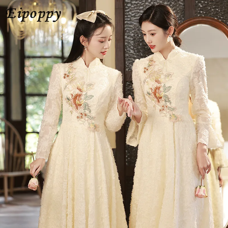 

Chinese Style Bridesmaid Dress Champagne Spring Long Sleeve Wedding Sisters' Clothes Bridesmaid Head Dress