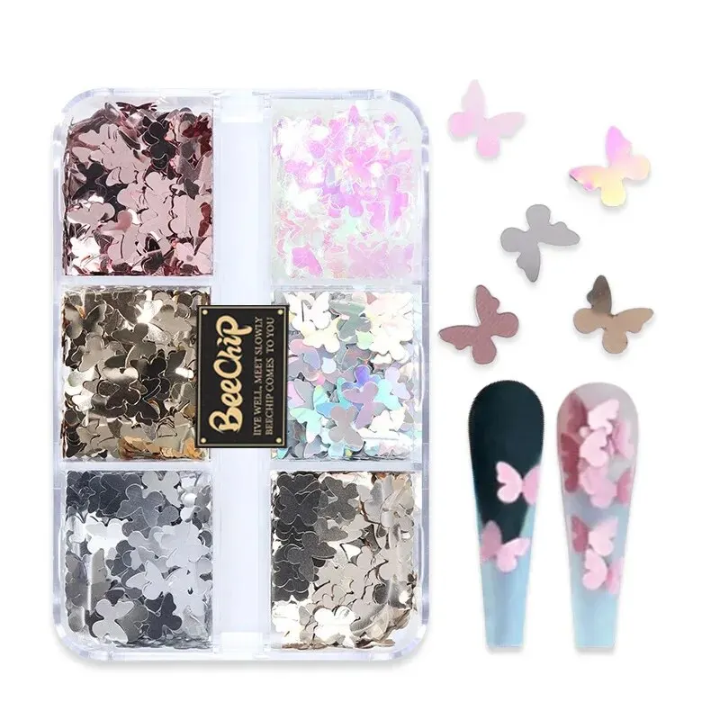 6 Grids Mixed Nail Art Glitter Snow Butterfly Shiny Fake Nail Decoration Professional Accessories Tool Valentine's Day Christmas