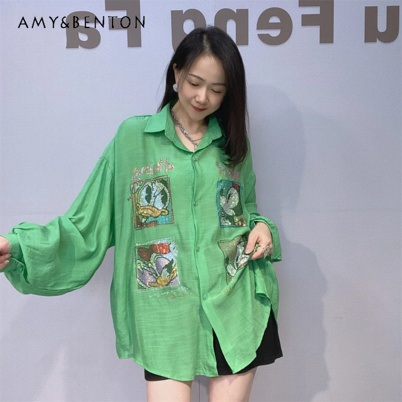 

Y2k Casual Colorful Breathable Sun Protection Long Sleeves Shirt Women's Summer Thin Ins Style Loose Diamond Drills Tops Blusas