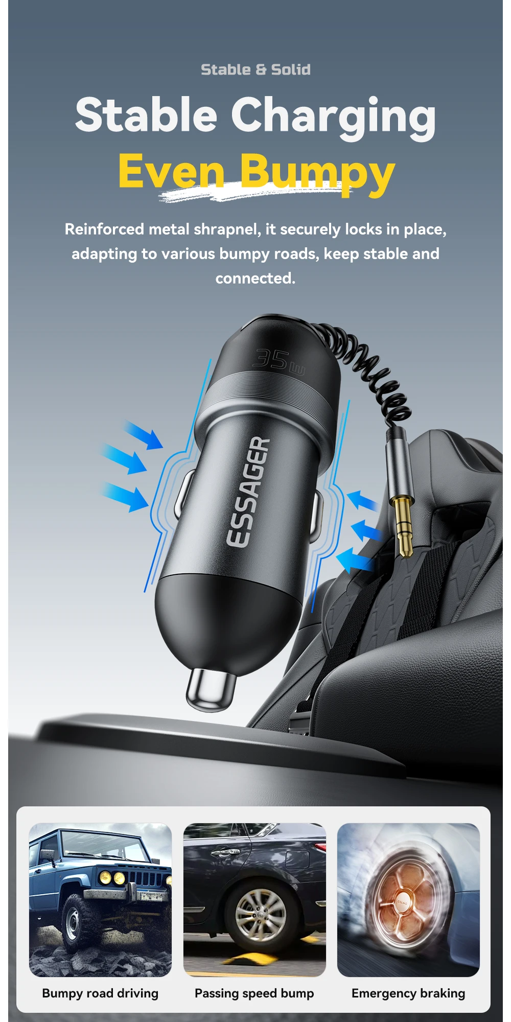 Essager Bluetooth 5.3 Car Charger 3.5mm AUX Adapter PD35W QC30W Car Fast Charger for iPhone 16 15 Pro Huawei Xiaomi Samsung iPad