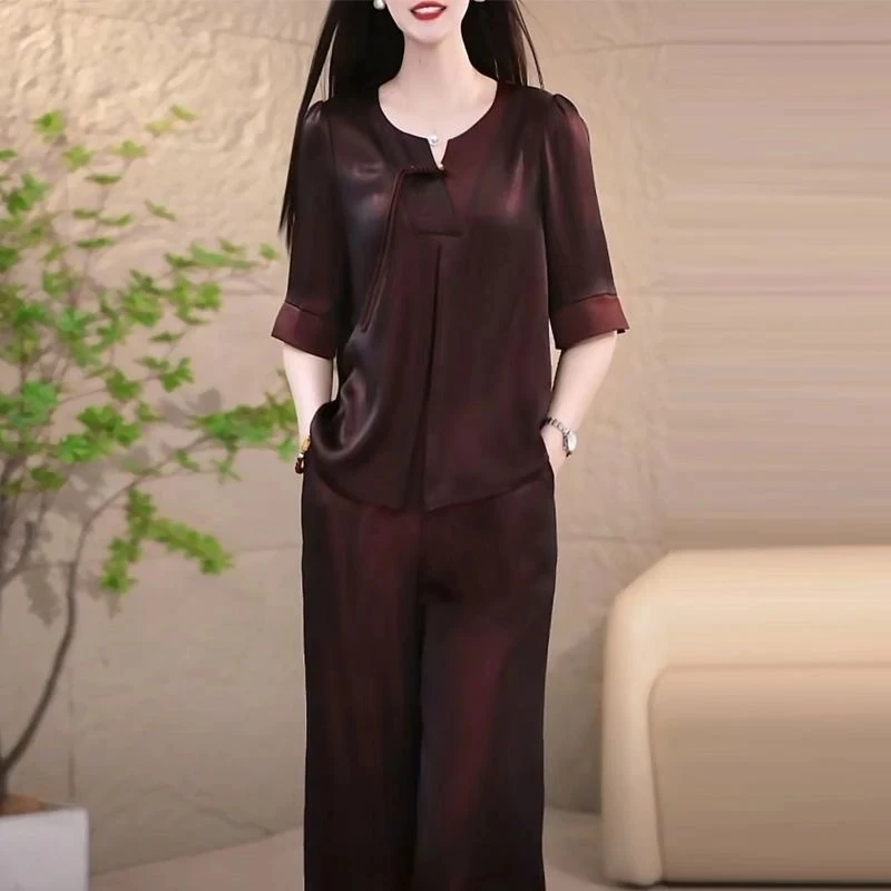 

High End Ice Silk Satin Temperament Top And Pants Fashion Set 2025 Summer Ｎew Office Ladies Elegant Suits 2PCS Women Outfit
