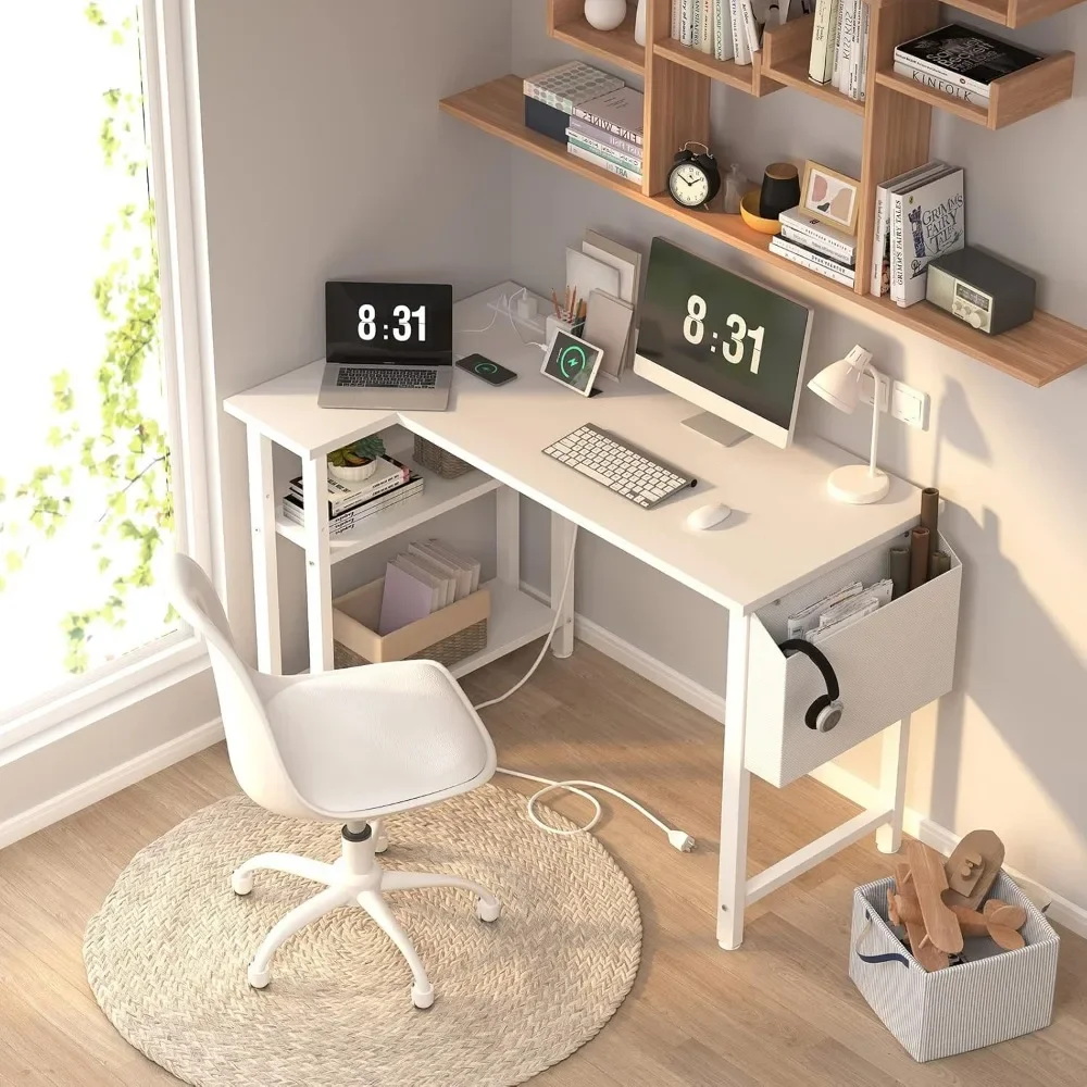 Lufeiya White L Shaped Computer Desk with Power Outlet Shelves, 40 Inch Small Corner Desk for Small Space Home Office