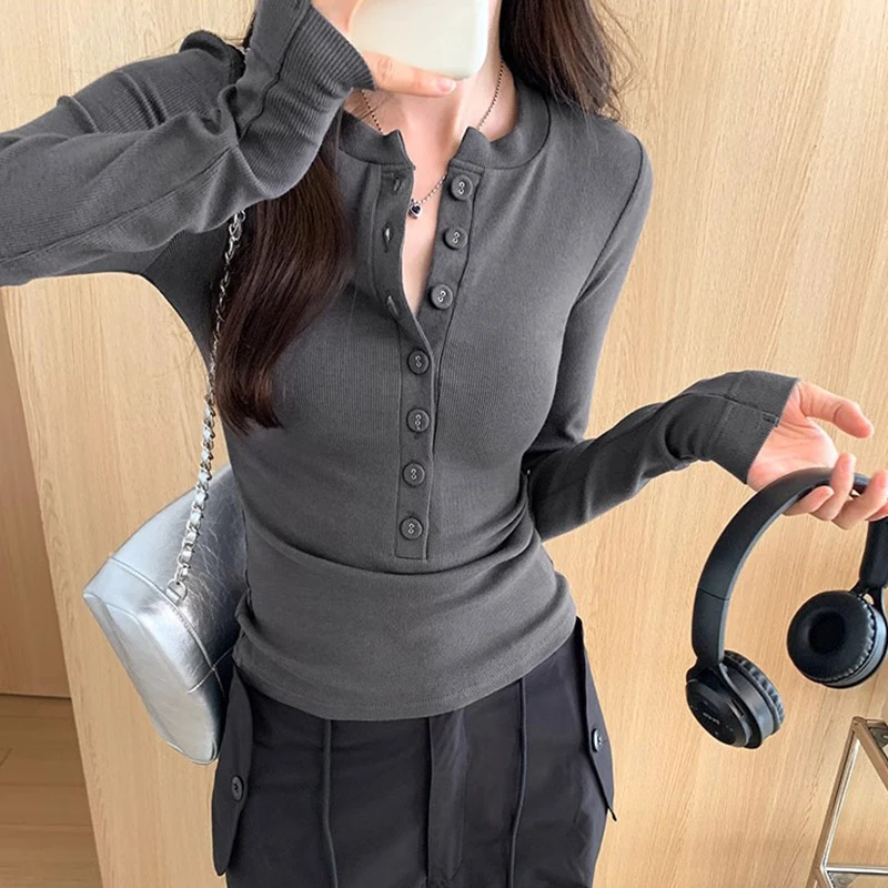 Button 2024 V Neck Long Sleeve Shirt Women Ribbed Sexy Cropped Tops Spring White Casual Skinny Slim Basic Woman T Shirts Black