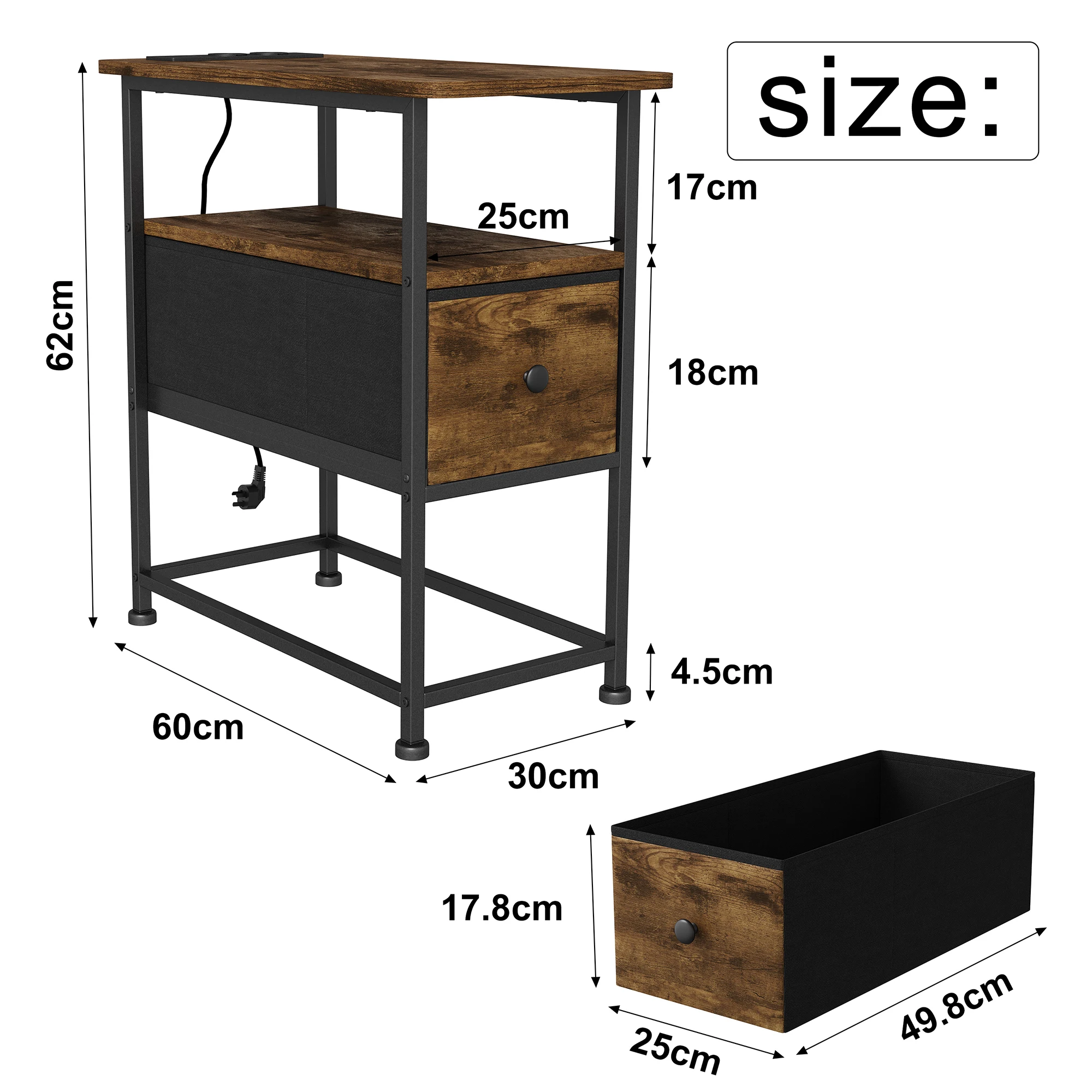 Comanlai Simpele Sofa- bijzettafel met lade, woonkamer bijzettafel, slaapkamer nachtkastje met 2 AC-aansluitingen en 2 USB-poorten