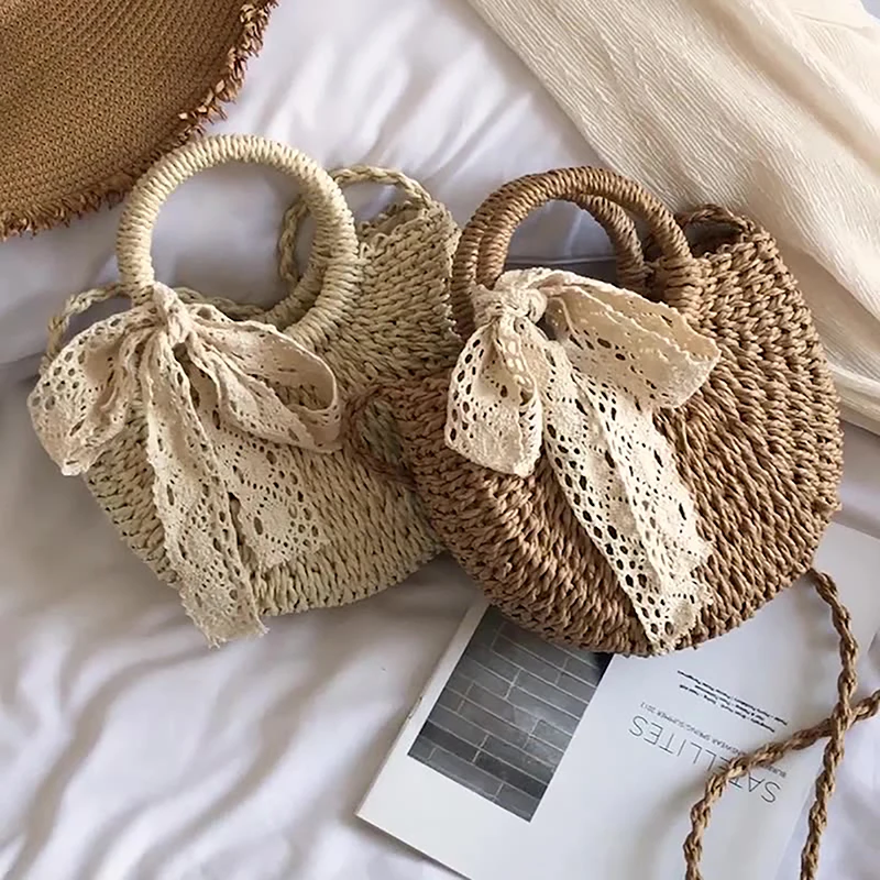 Handmade Half-Round Rattan Woven Straw Bag Summer Women Messenger Crossbody Bags Girls Small Beach Handbag