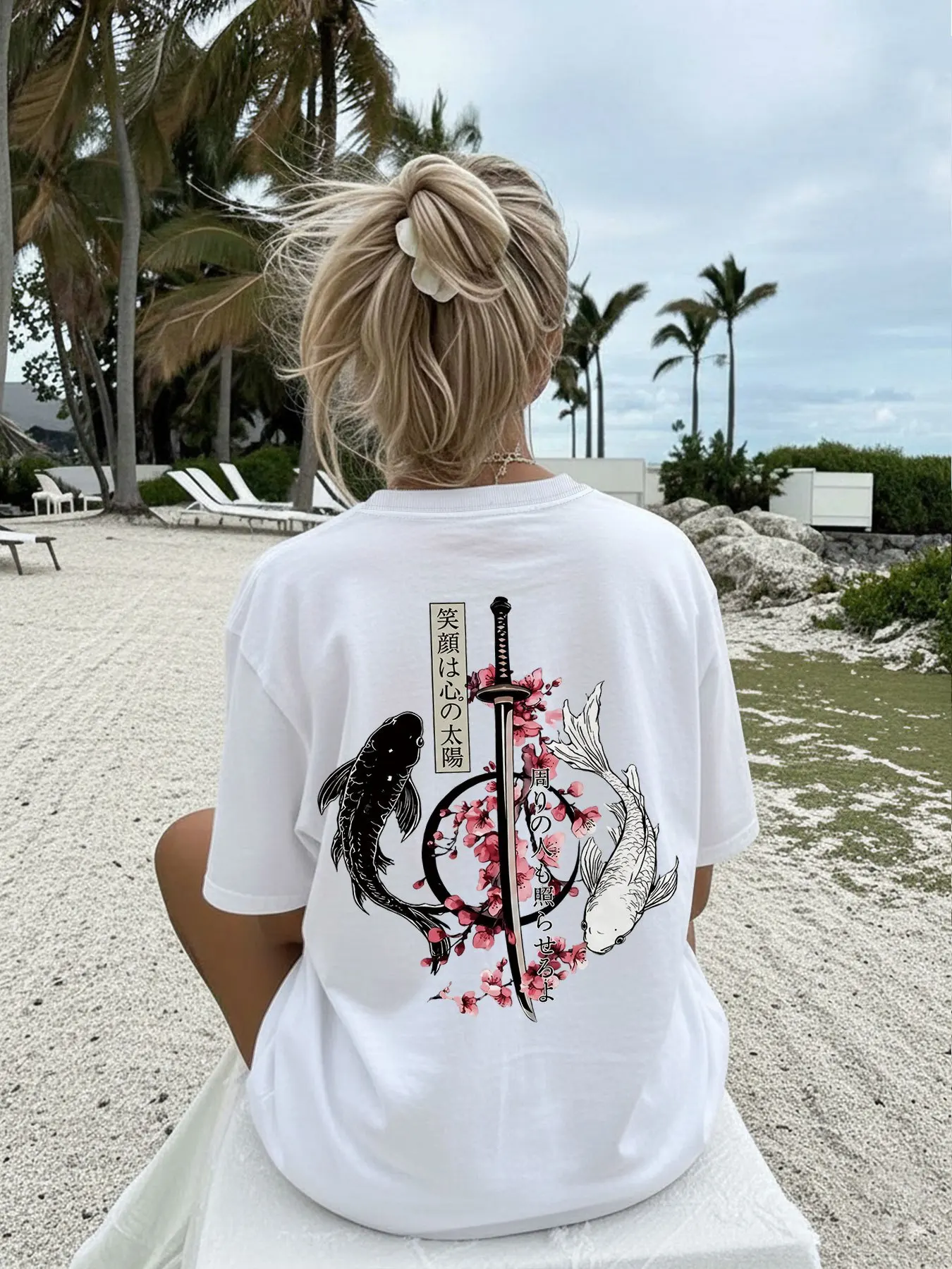 Women'S Fashion Top Ladies' Summer Wear Ancient Style Sword Fish Flower Chinese Style Printed Round Neck Short Sleeve