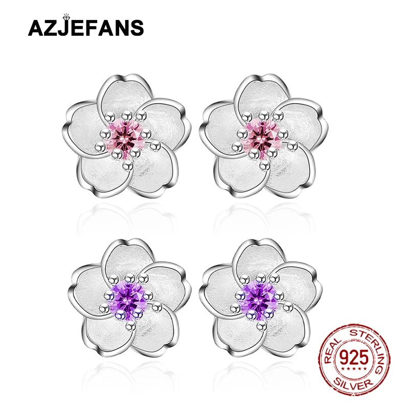 

AZJEFANS 925 Sterling Silver Cherry Flower Stud Earrings Women's Fine Jewelry Gift Ear Studs