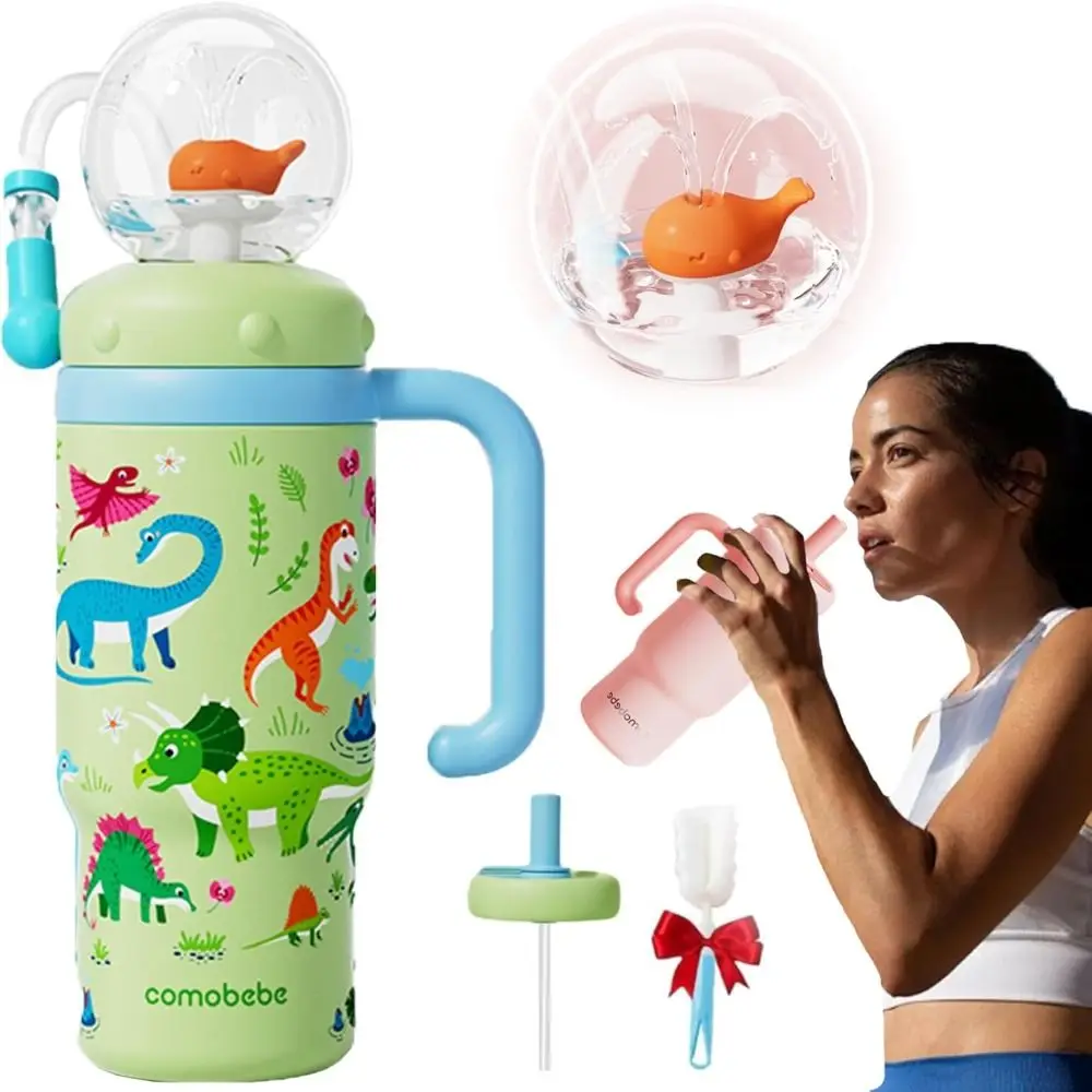 

New Double Drinking Lid Whale Fountain Tumbler Leak Proof Widened Handle Insulated Water Bottle 710ml Whale Cup