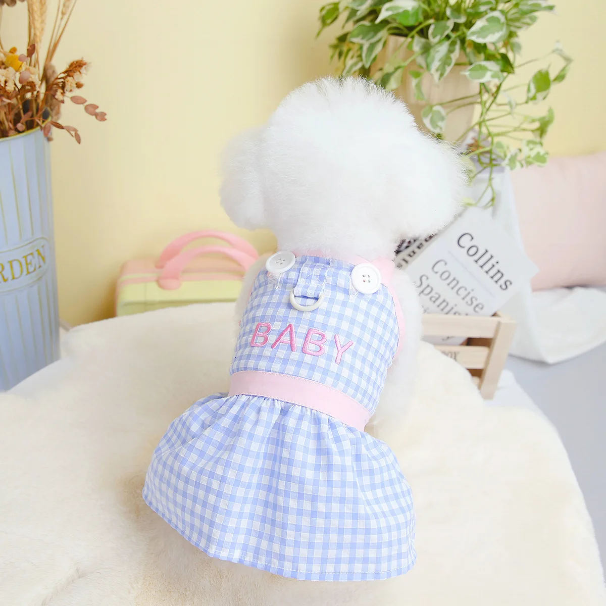 Pet Plaid Skirt Princess Skirt Dress Traction Ring Cat Small Dog Clothing Pet Clothing Spring Summer Plaid Skirt Dog Clothes