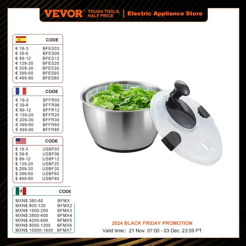 VEVOR Stainless Steel Salad Spinner 4.75Qt One-handed Easy Press Large Vegetable Dryer Washer for Greens Herbs Berries Fruits