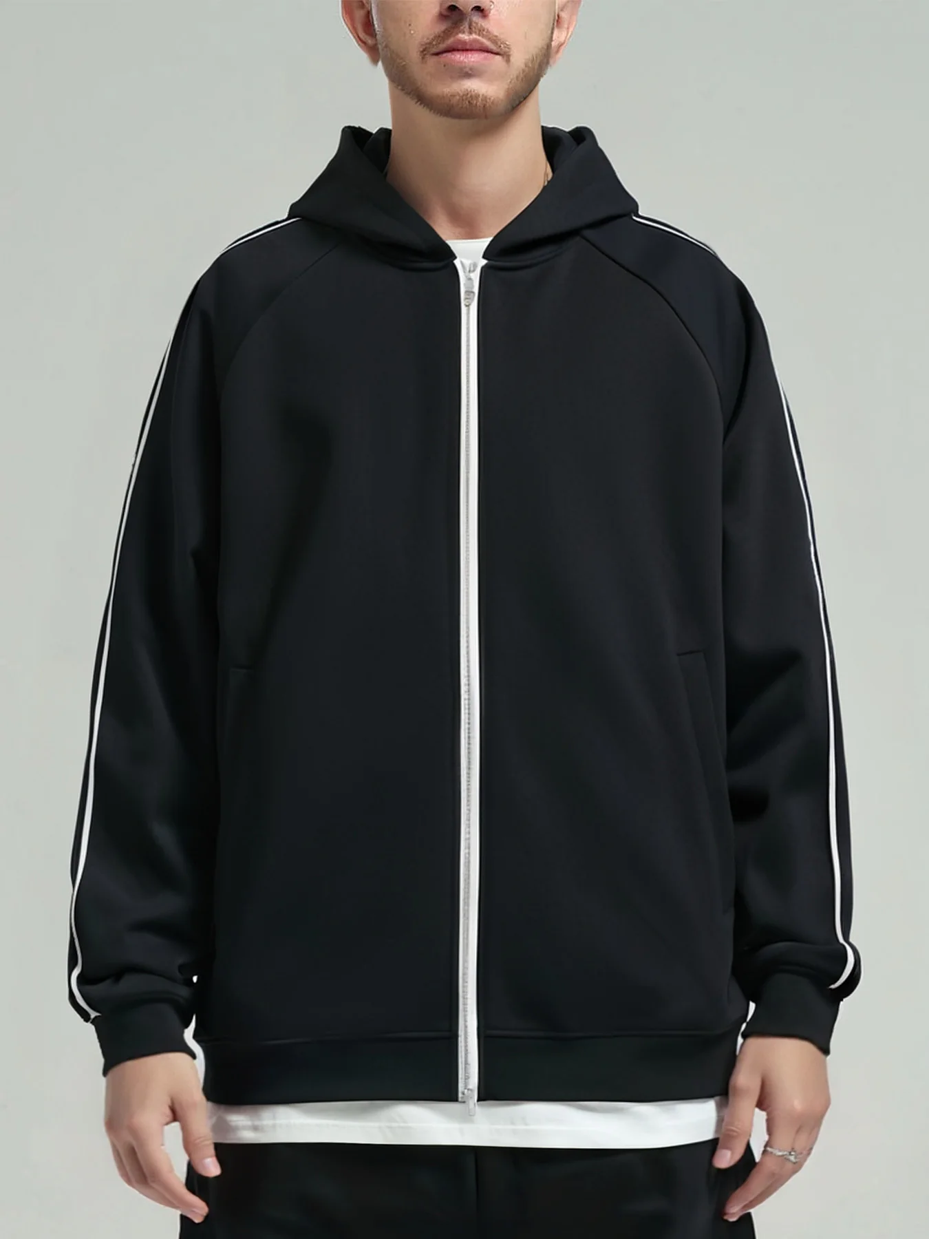 

New 400g contrasting color liquid cotton hooded zipper men's trendy brand American sweater jacket printing customization