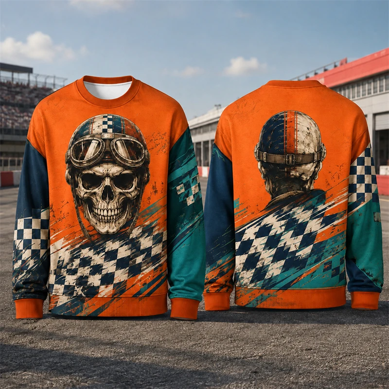 Men Sweatshirt 3D Print Skull Racer Retro Checkered Plaid Paint Art Pullover Top Motor Party Outfit For Biker Fan Street Hoodie