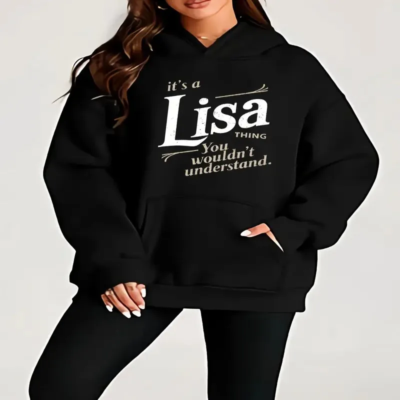 

Женская забавная толстовка с семейным узором Lisa Cursive — повседневная толстовка из мягкого полиэстера с карманами, черная с золотыми надписями