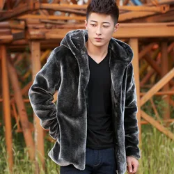 Fashion Winter Mens Faux Fur Mink Fur Coat Short Gray Hooded Coat Warm Overcoat Men Fluffy Plush Coat Male Plus Size Xxxl 4xl