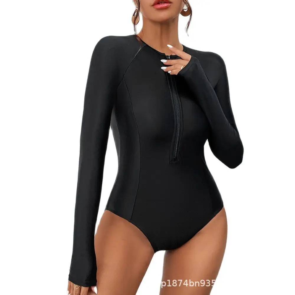 New Black Long Sleeve Swimwear Sports One-Piece Swimsuits Closed Surfing Bodysuit Women\'s Swim Bath Bathing Suit Beachwear Pool