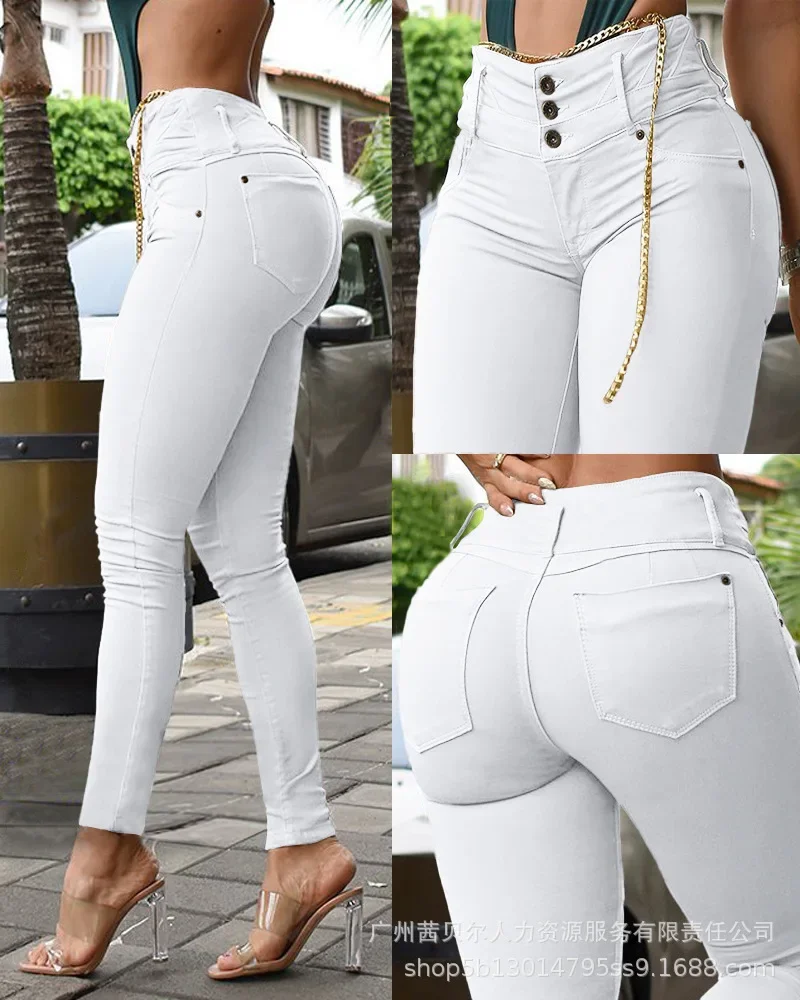 

High Waist Pocket Design Skinny Pants Women Pant High Waist Trousers Slim Fit Sexy Pencil Pants Capris 2023 White Autumn Winter