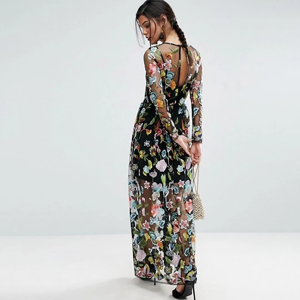 Zweiteiliges, besticktes, durchsichtiges Kleid, knöchellang, A-Linie, Schlüsselloch-Abendball-Kleider, lange Ärmel, bunte Spitzenrobe, individuell gestaltet