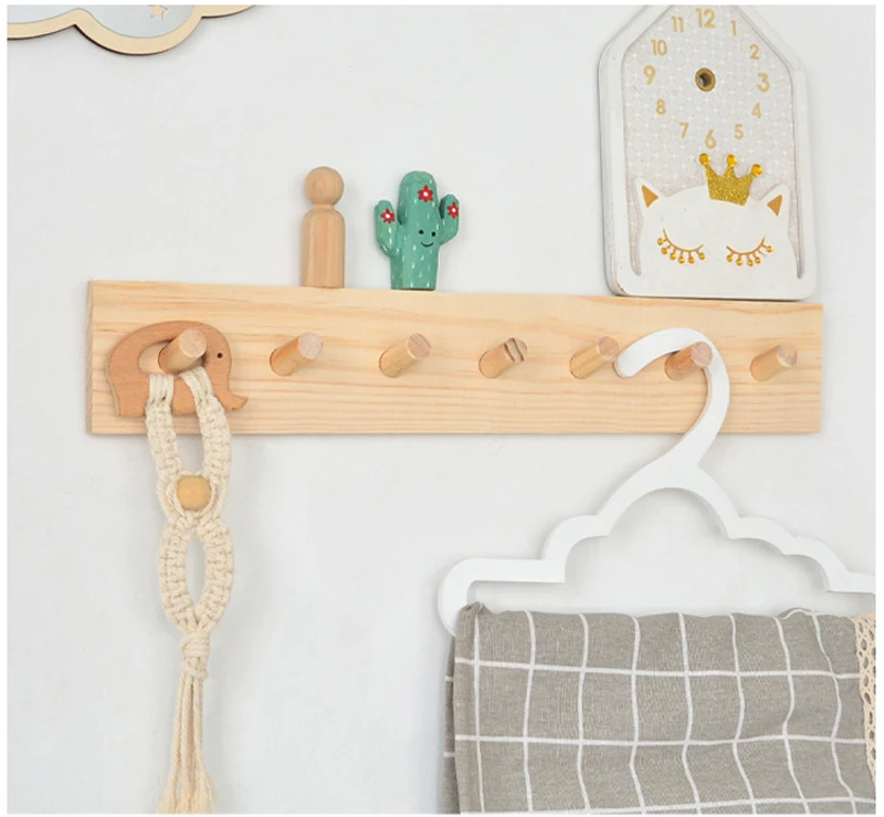 Nordic  Wooden Hooks Decorative Storage Rack Creative Coat  Wall Shelf Room Organizer Hanger Children'S  Decoration