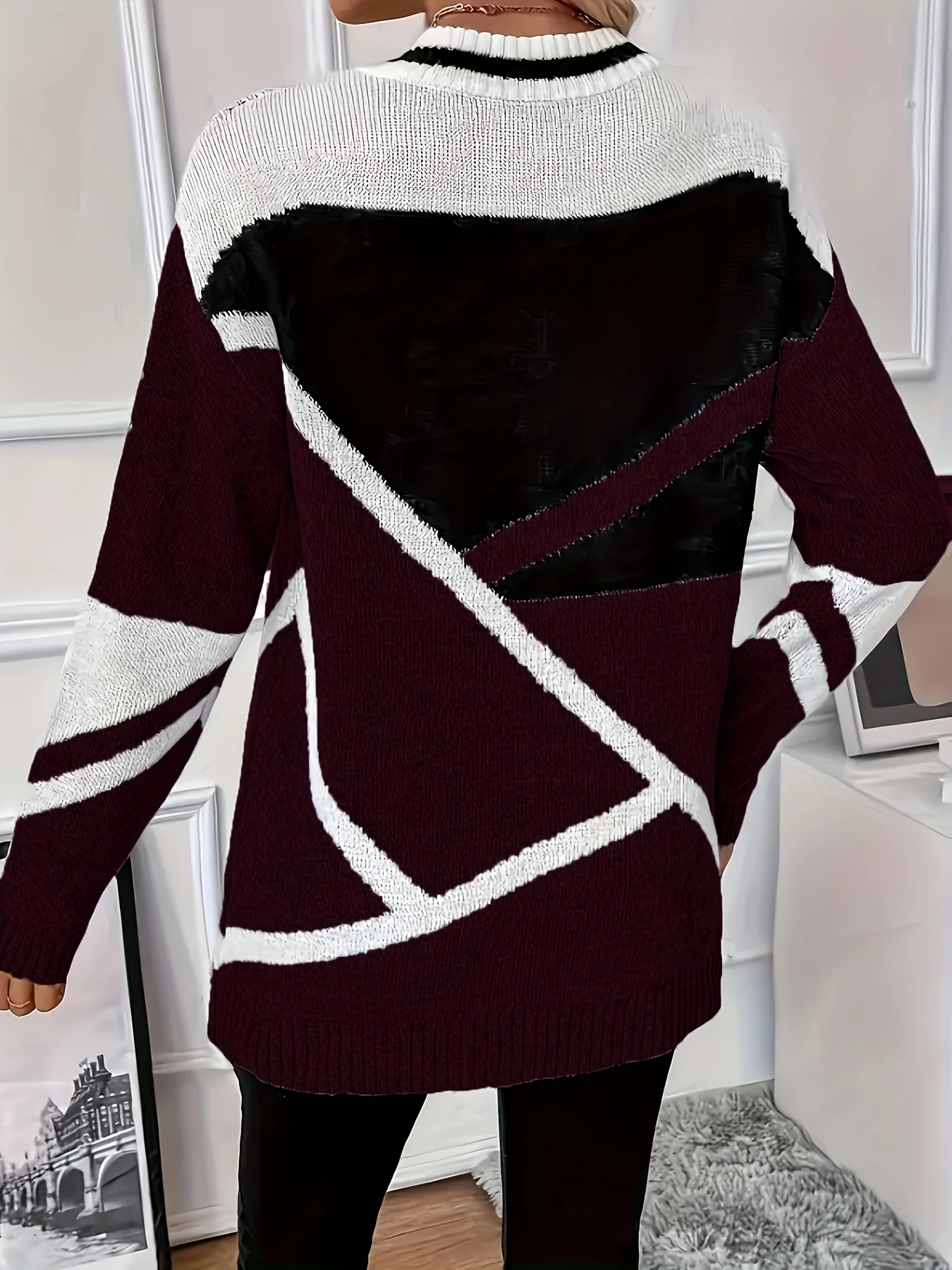 Maglione pullover da donna con scollo a V a maniche lunghe patchwork rosso scuro, elegante ed elegante, adatto per l'ufficio.