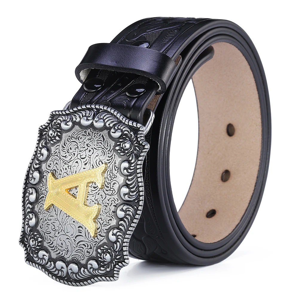 Western เข็มขัดผู้ชายเข็มขัดหนังแท้สําหรับผู้ชายผู้หญิงคาวบอย Cowgirl ตัวอักษรขนาดใหญ่หัวเข็มขัดทองชายเข็มขัดยาวสีดําสีน้ําตาลคุณภาพ