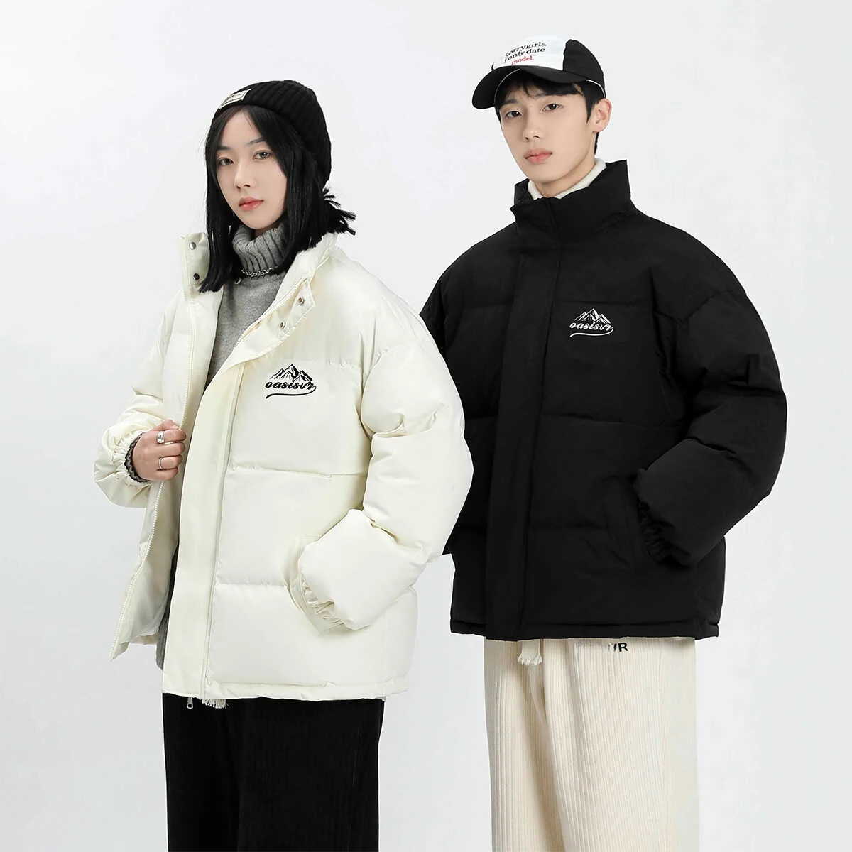 

Winter Couple Oversize down Cotton Jaet Loose Fit Men's Coat Tee-Proof Versatile Casual Sle Polyester Fiber Fill