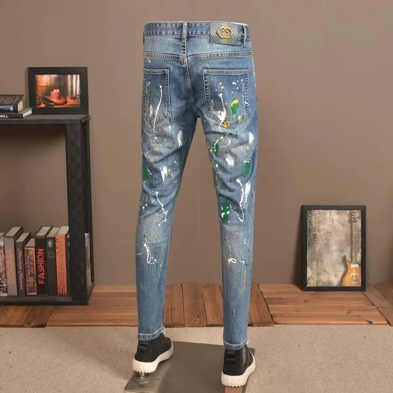 Street Fashion Men Jeans Retro Blue Painted Designer Elastic Ripped Jeans Men Stretch Trousers Hip Hop Denim Pencil Pants Hombre