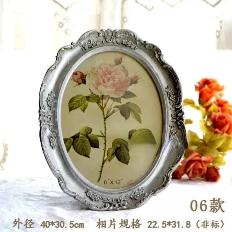 Silver oval retro photo frame large pendulum wall photo frame American old European classical ring resin carved.