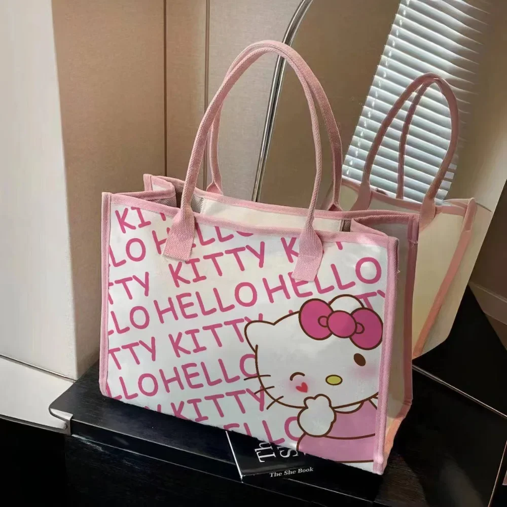  Hello Kitty Handbag Cute Canvas Printed Shoulder Bag Student Large Capacity Dopamine Tote Bag Travel Casual Canvas Bag