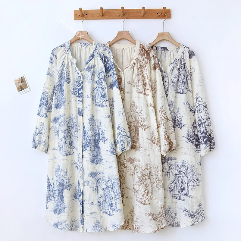 Long Sleeve Cotton Secret Garden Printing V-neck Sleeping Dress for Women Sleepwear Breathable Mid Length Sleeping Nightgowns