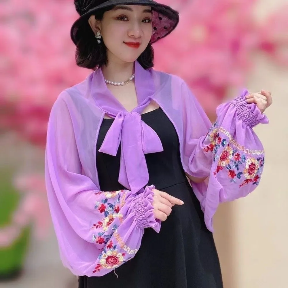 Sweet Breathable Flower Shawl Long Polyester Sunscreen Scarf Embroidered Lightweight Seaside Vacation Cloak Neck Decoration