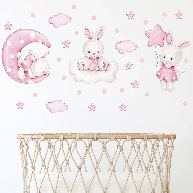 Watercolor Soft Pink 3 Bunnies Rabbit Moon Clouds Stars Wall Stickers for Kids Room Baby Nursery Room Wall Decals Home Decor PVC