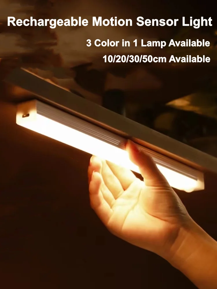 Sensor de movimento sem fio led night light usb recarregável longa tira barra lâmpada para armário